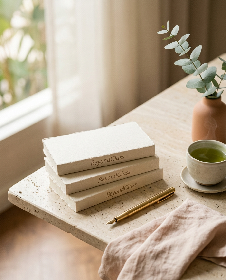 Cream hand-bound BeyondClass notebooks, a gold pen, eucalyptus and pandan tea on a travertine table