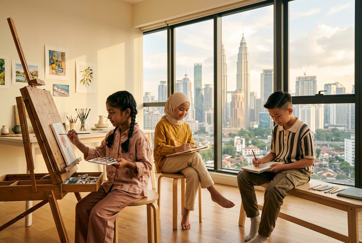 Three children in Kuala Lumpur painting and sketching together, with the Petronas Twin Towers skyline behind them